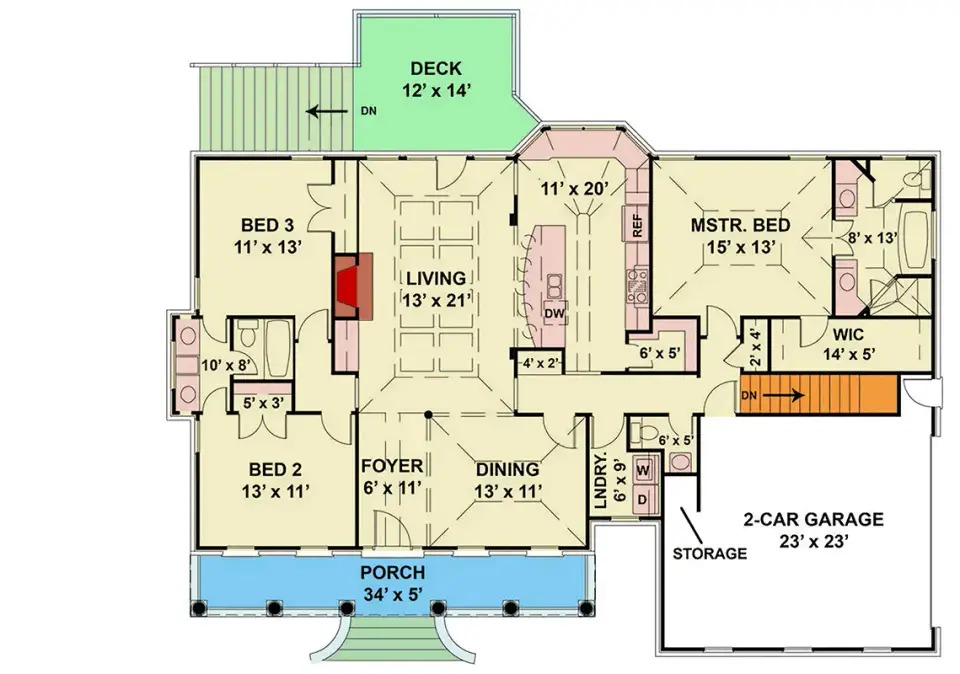 Main level floor plan for Cape Cod house plan 12254JL with split bedrooms and central foyer