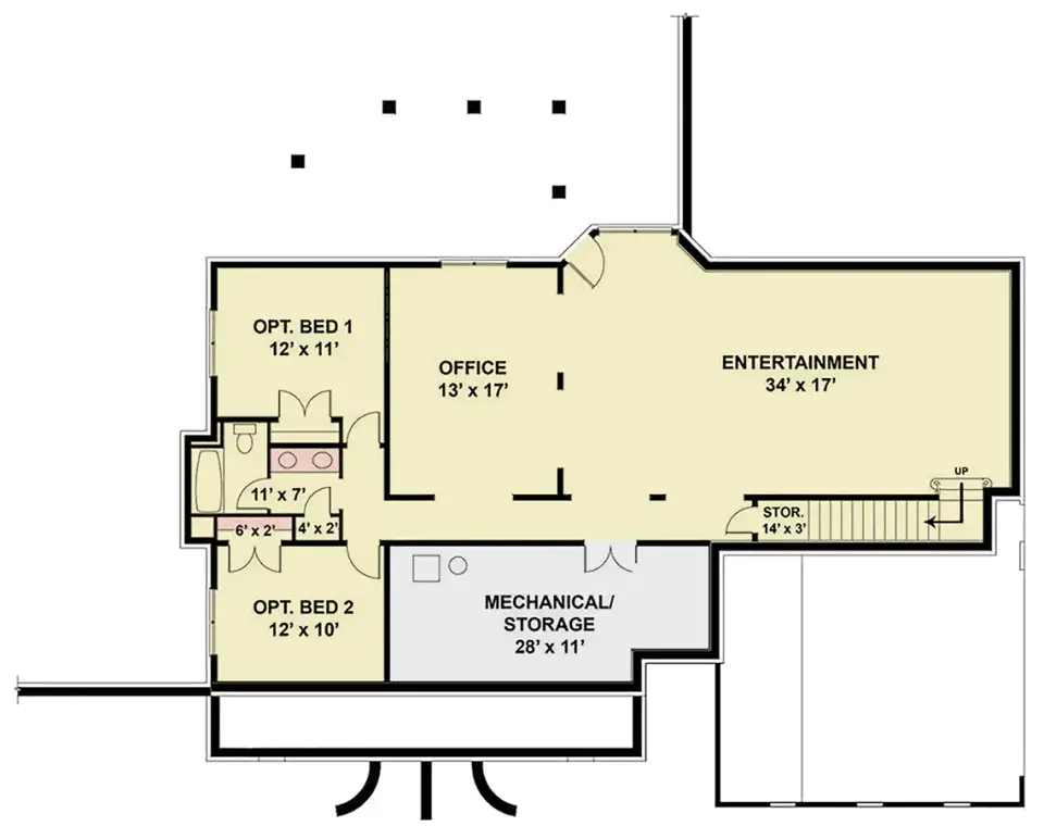 Optional walkout basement floor plan for Cape Cod plan 12254JL with entertainment room and two bedrooms