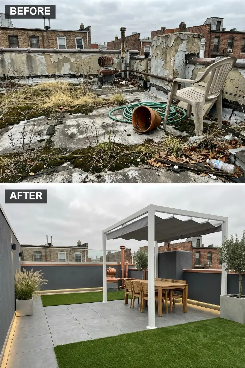 Charleston Upper King Street rooftop transformation with Florim Stontech Pietra di Faedis grey porcelain pedestal pavers, SYNLawn Platinum Plus artificial turf zone, StruXure Pergola X white aluminum louvered pergola with retractable Sunbrella canopy, RH Aegean teak dining set and aged copper parapet flashing