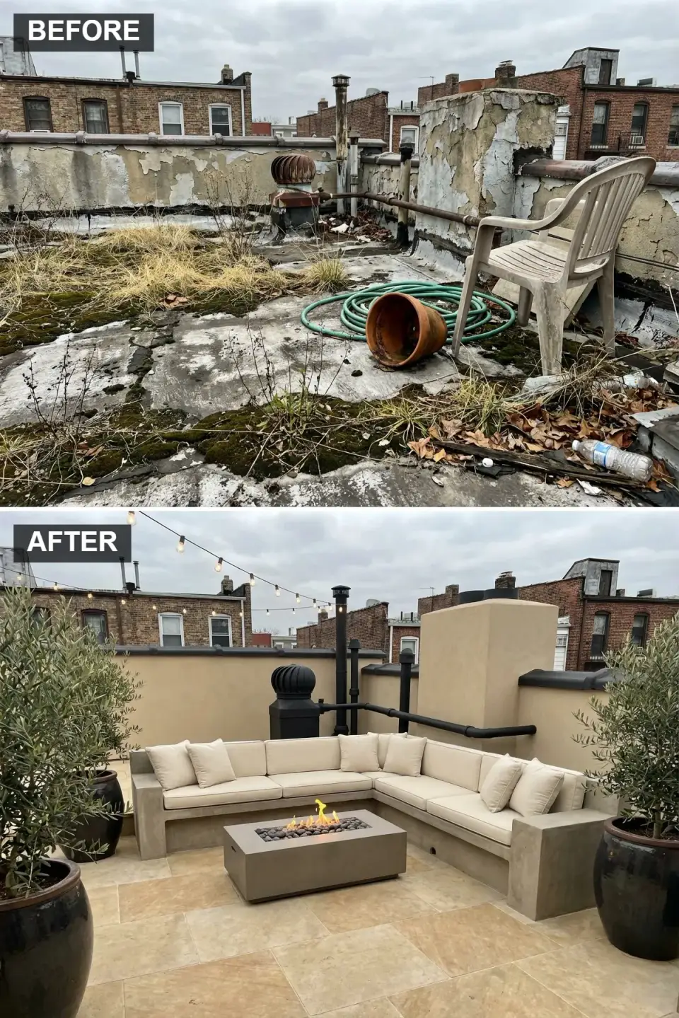 Rooftop Mediterranean lounge with Florim Stonetalk Travertino Cross 24x24 beige travertine-look porcelain, American Clay Loma Sonora warm beige lime plaster parapet, custom poured-concrete sectional sofa with Perennials Rough N Rowdy cream cushions, Solus Firetainment 60-inch rectangular concrete fire table, Bistro Lights commercial G40 string lights and Olea europaea Arbequina olive trees in Campania Terra Lite Lagonda planters