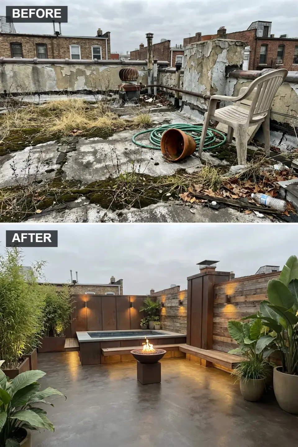 Charleston rooftop spa transformation with Increte acid-stained dark concrete overlay, Pioneer Millworks Settlers Plank reclaimed hemlock privacy wall, Bridger Steel dark bronze metal panels, Bullfrog M Series 7L plunge pool with board-formed concrete coping, Solus Halo Hemi 36 inch fire bowl and Hinkley dark bronze wall sconces
