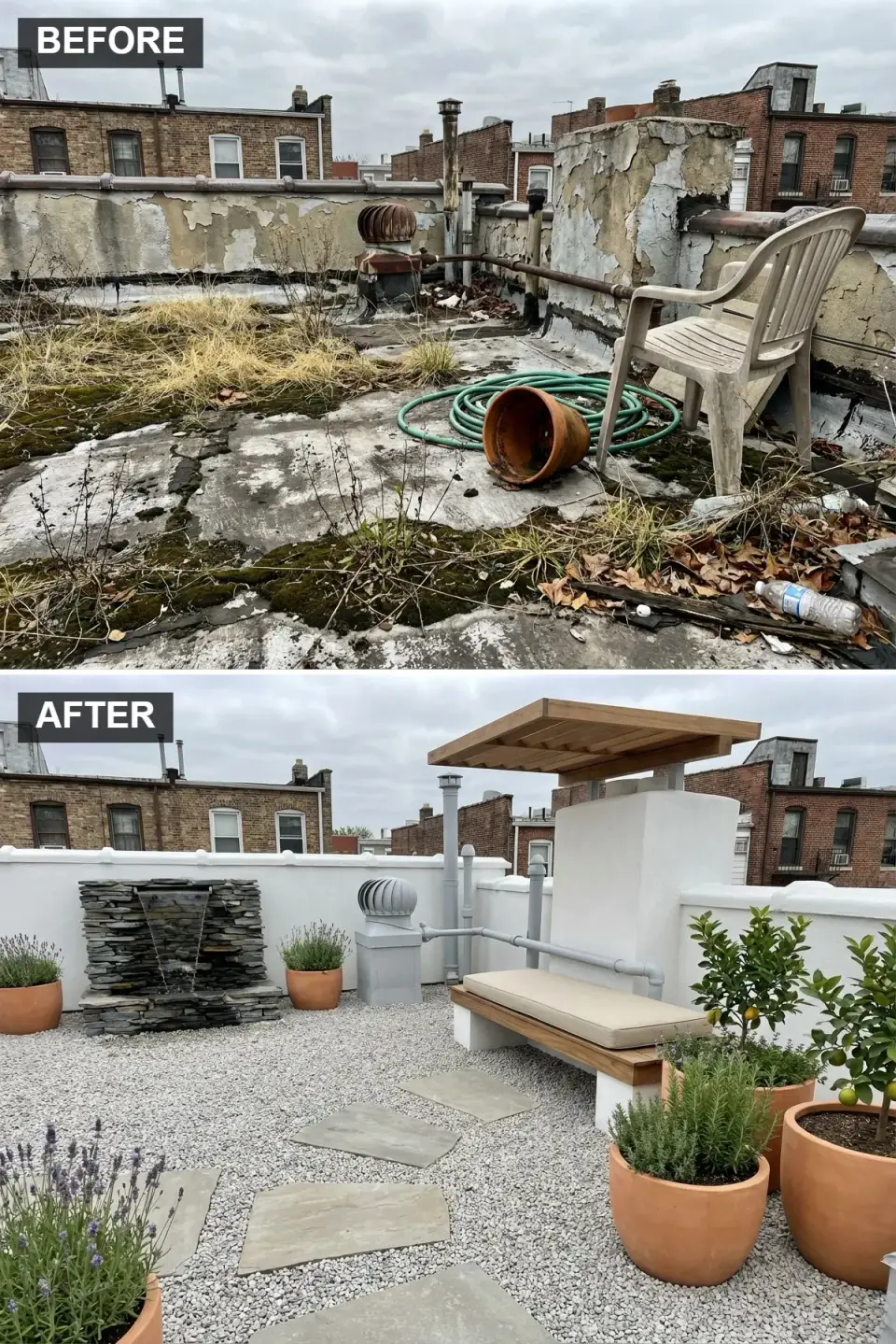 Rooftop Zen garden transformation with 3/8-inch Jurassic Pearl light grey gravel over Typar drainage mat, Pennsylvania Bluestone Full Range flagstone stepping stones, custom stacked Oklahoma Black Rundle slate water wall, Kebony Clear cedar bench with Crypton Ivory cushion under slatted ipe pergola canopy and crisp white Sto finished parapet