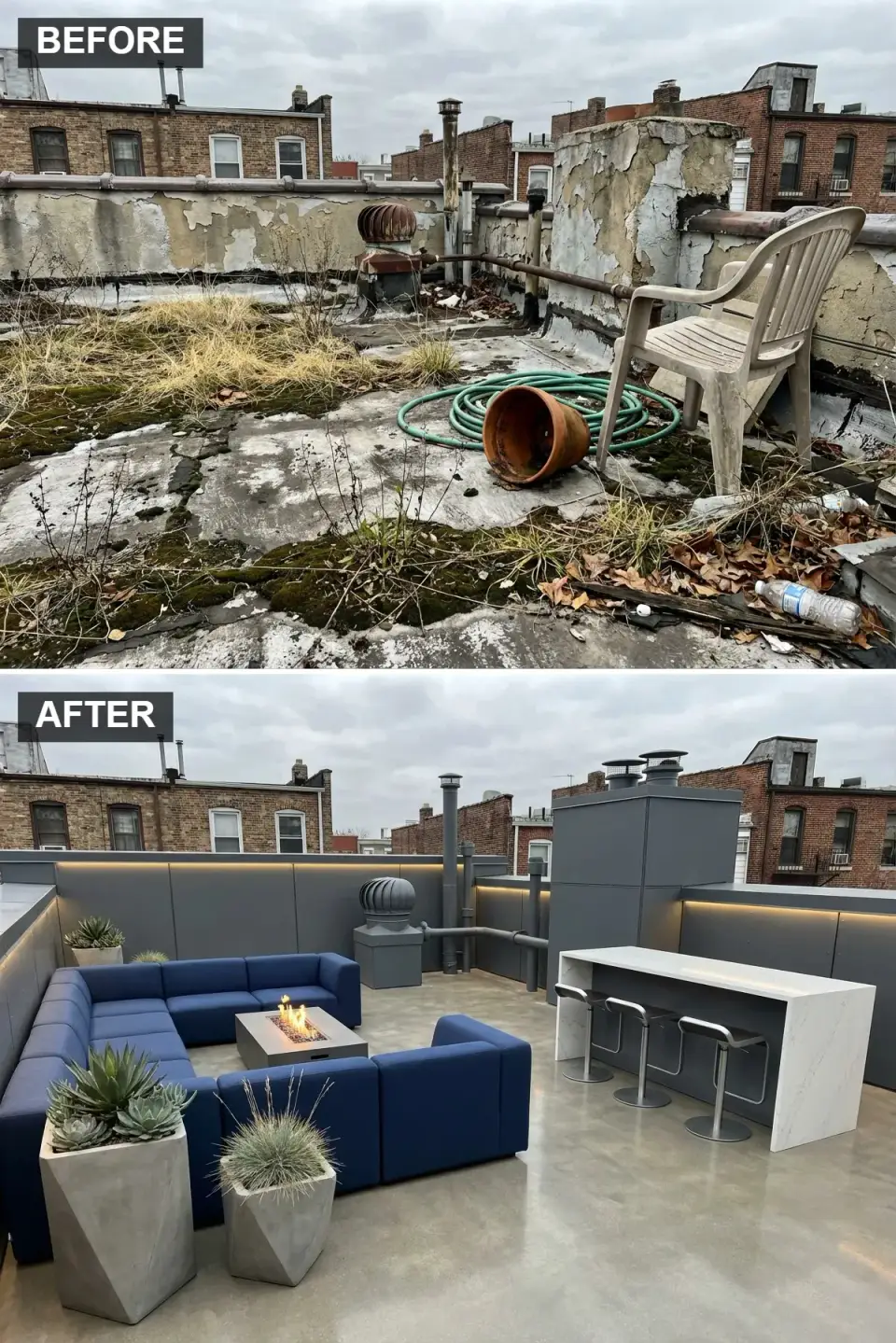 Charleston rooftop modern lounge with Increte polished concrete overlay, Paola Lenti Sabi deep navy blue outdoor sectional, Solus Firetainment 60-inch rectangular concrete fire table, Cambria Brittanicus quartz bar with Bernhardt Loft counter stools, integrated WAC InvisiLED Pro 24V warm-dim strip lighting and Drexel Matte Charcoal dark grey parapet panels