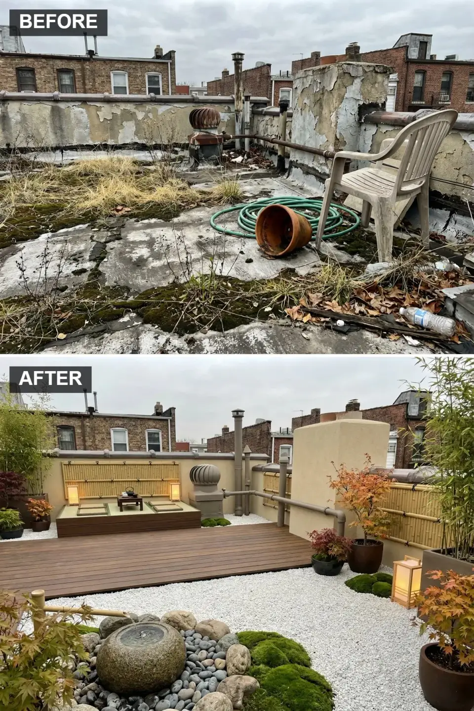 Rooftop Japanese sukiya-inspired retreat with Kebony Clear raised deck platform, tatami-style low-seating platform with Kyoto-sourced igusa mats, 3/8-inch Jurassic Pearl white gravel, Kinjiro cast-stone tsukubai water basin with bamboo kakei spout, Kyoto Bamboo Kenninji-gaki Fujimodoshi bamboo fence screening, Yukimi granite snow-viewing lanterns and a specimen Acer palmatum Omurayama Japanese maple