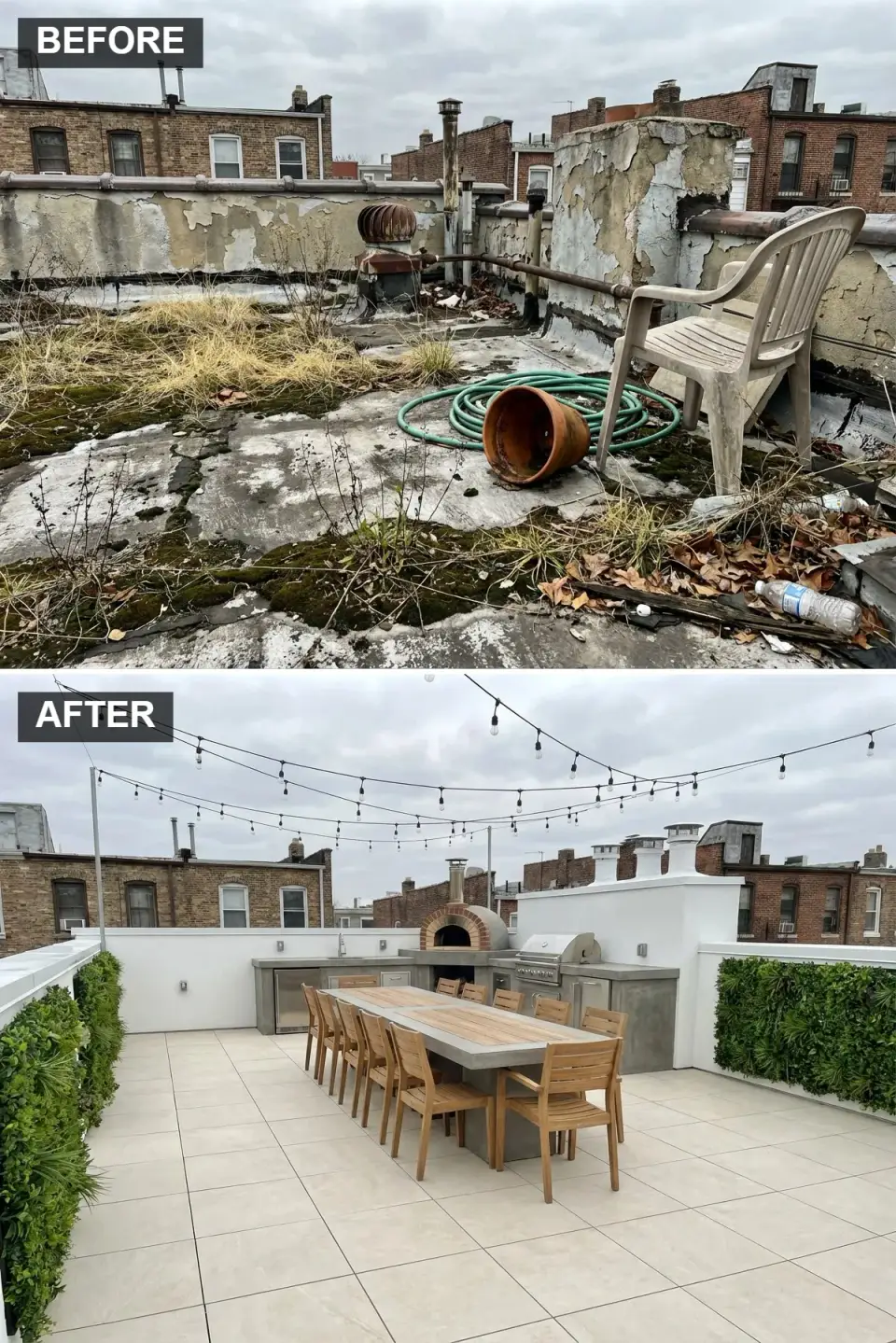 Rooftop outdoor kitchen transformation with Florim Stonetalk Travertino Cross 24x48 beige porcelain pavers, Caesarstone Concrete grey countertops, Mugnaini Medio 110 wood-fired pizza oven, Lynx Professional 42-inch grill, built-in Lynx 24-inch refrigerator, Kalamazoo stainless cabinetry, Arhaus concrete-and-oak dining table with Brown Jordan Still teak chairs, LiveWall vertical garden system and Bistro Lights commercial G40 string lights