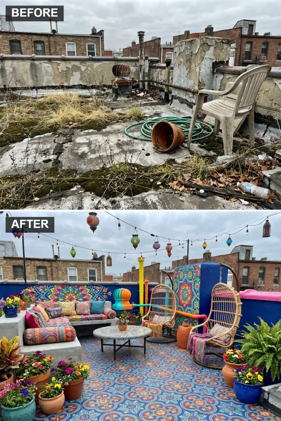 Rooftop bohemian oasis with Granada Tile Cluny patterned encaustic cement tile in blue and terracotta, Benjamin Moore Stunning 826 hot pink and Phoenician Blue 2059-20 wall sections with hand-painted mandala murals by Charleston muralist Em Lowe, built-in concrete bench with block-printed cotton cushions, Serena and Lily rattan egg chairs, Jonathan Adler mosaic coffee table and Bistro Lights commercial string lights with colorful paper lanterns