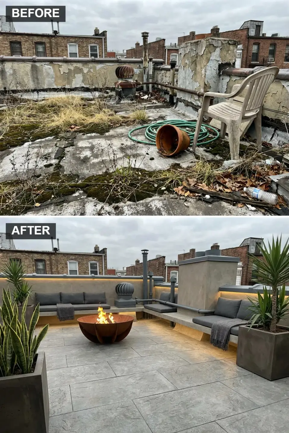 Rooftop minimalist concrete lounge with Increte light grey stamped concrete overlay, built-in poured concrete bench along parapet with Crypton Charcoal cushions and wool throws, 48-inch Cor-Ten A steel sculptural fire bowl by Ernsdorf Design, smooth Sto Cirritex concrete-tone parapet finish and WAC InvisiLED Pro 24V 2700K warm strip lighting concealed under coping
