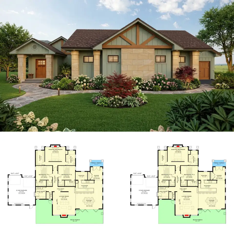 Contemporary Farmhouse Plan: 3 Bed, 3.5 Bath Single-Story Design