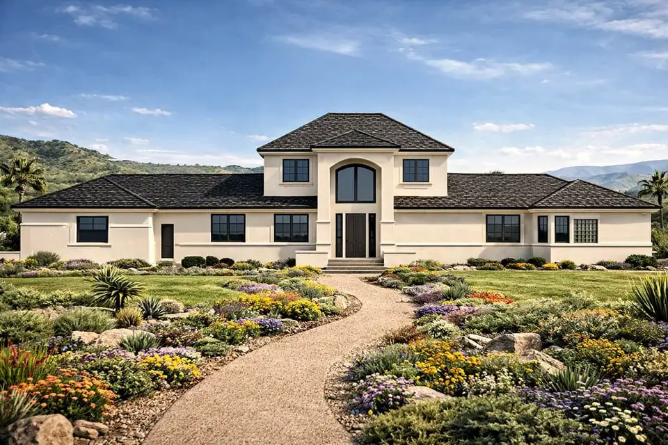Front rendering of contemporary Mediterranean house plan 720181DA with cream stucco, dark tile hipped roof, two-story portico and arched window