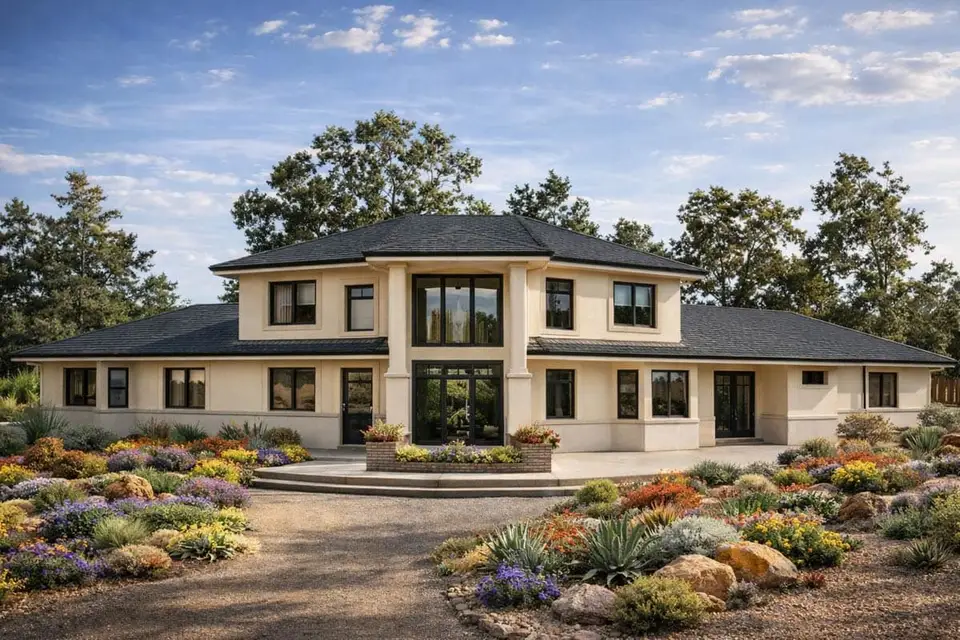 Rear rendering of plan 720181DA with the glazed two-story great room, sliding glass doors and curved patio facing the view