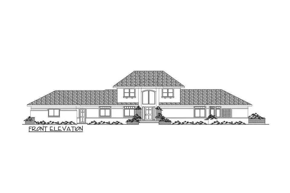 Front elevation drawing of house plan 720181DA showing the central portico, arched upper window and low hipped wings
