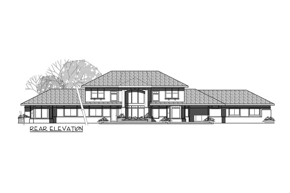 Rear elevation drawing of plan 720181DA with extensive glazing across the great room and bedroom wing