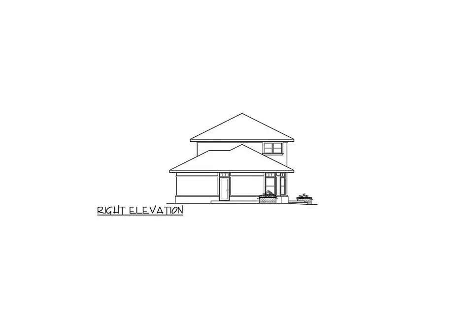 Right side elevation of plan 720181DA showing the bedroom wing and two-story block behind