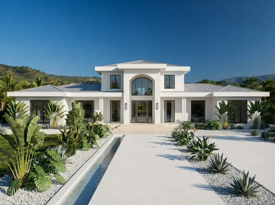 Miami modern facade for plan 720181DA with bright white stucco, flat white fascia, floor-to-ceiling glazing, travertine entry, palms and reflecting water strip