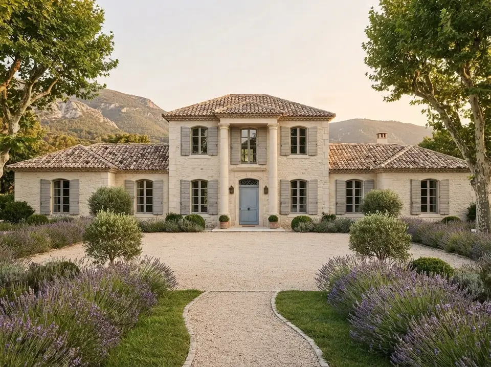 Provence stone facade for plan 720181DA with limewashed cream stone, faded terracotta roof, dove grey louvred shutters, French blue door and lavender rows