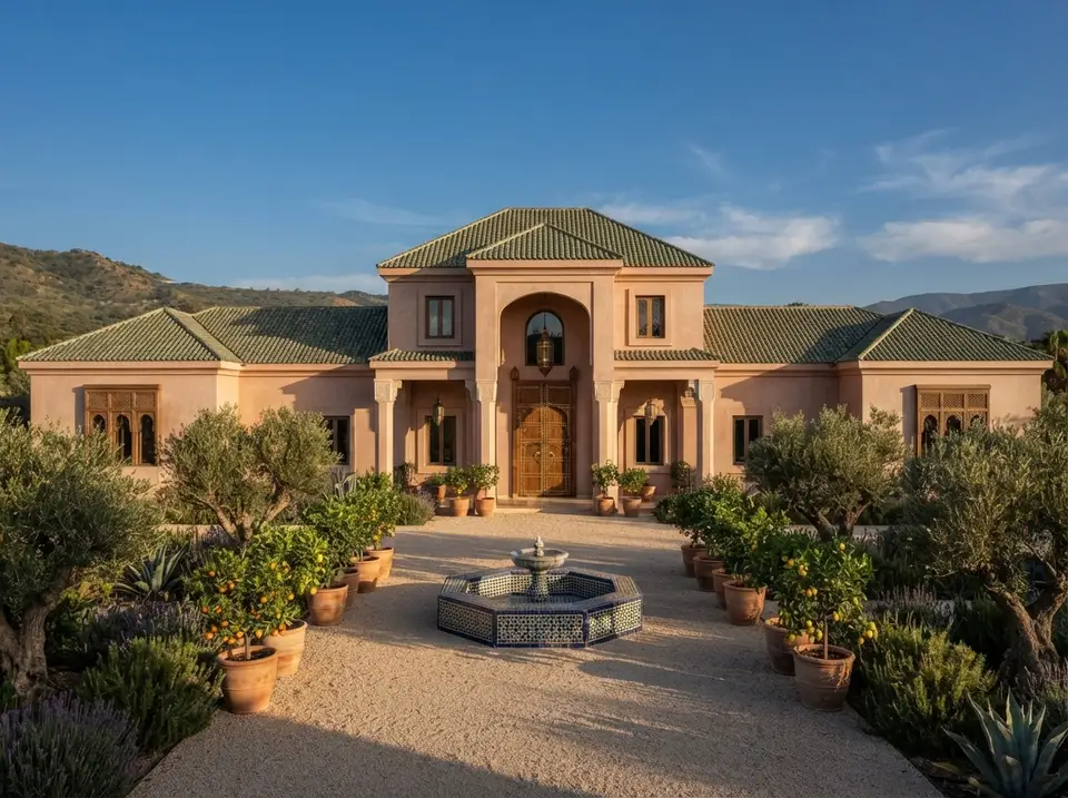 Moroccan riad facade for plan 720181DA with rose sand tadelakt plaster, green glazed tile roof, cedar arched door, zellige fountain and olive trees