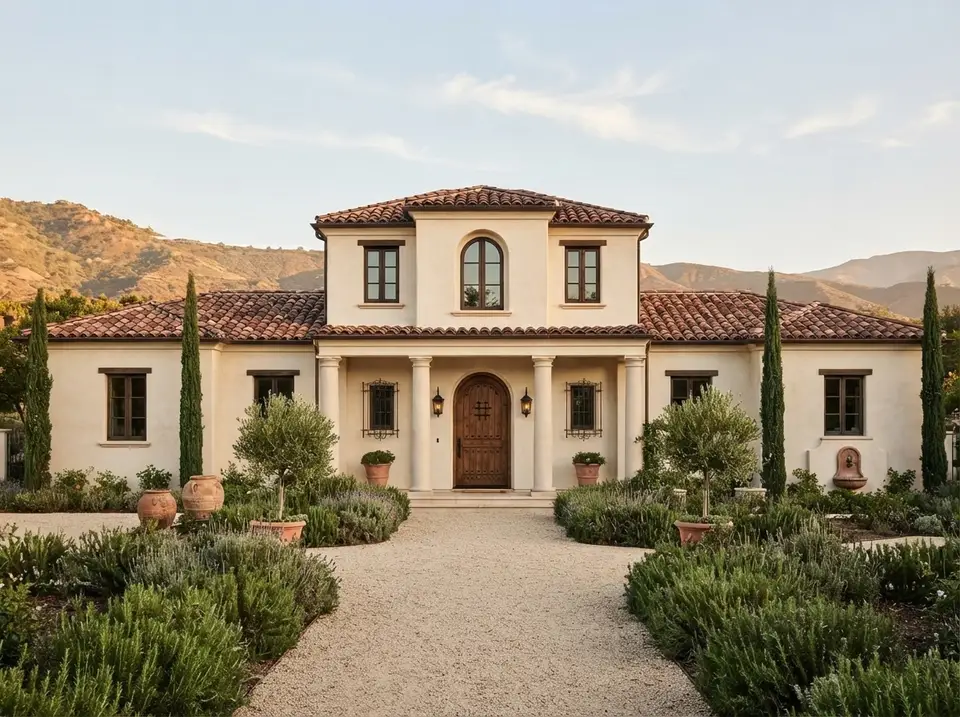 Plan 720181DA, one of the most versatile Mediterranean house plans, in a classic terracotta facade with cream stucco, barrel tile roof and arched walnut door