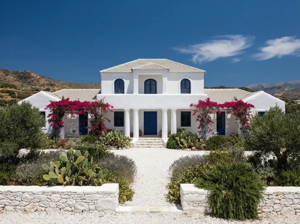 Santorini white and blue facade for plan 720181DA with chalk white lime plaster, cobalt blue windows and door, bougainvillea and whitewashed walls