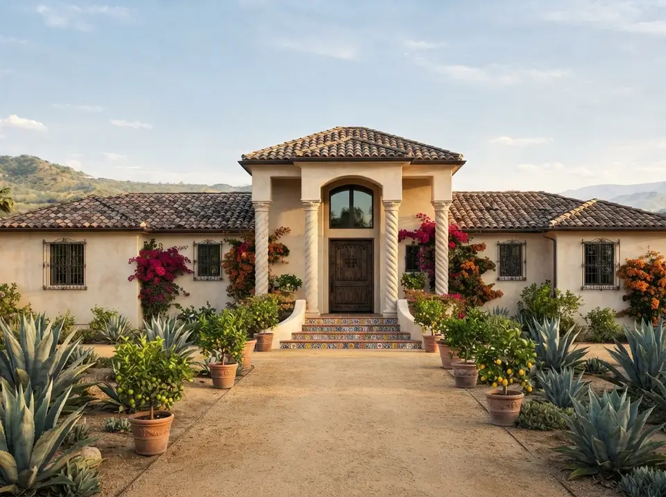 Spanish colonial facade for plan 720181DA with sand stucco, twisted plaster columns, talavera tile steps, iron window grilles and potted citrus