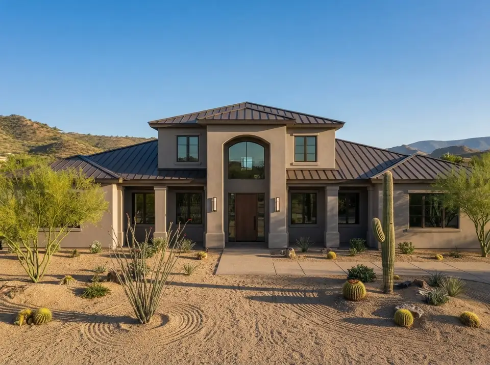 Modern desert stucco facade for plan 720181DA with warm taupe stucco, dark bronze standing seam roof, squared columns, saguaro and raked granite