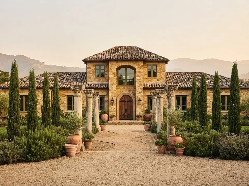 Tuscan villa facade for plan 720181DA with honey ochre coursed stone walls, clay tile roof, stone columns, olive green windows and cypress rows