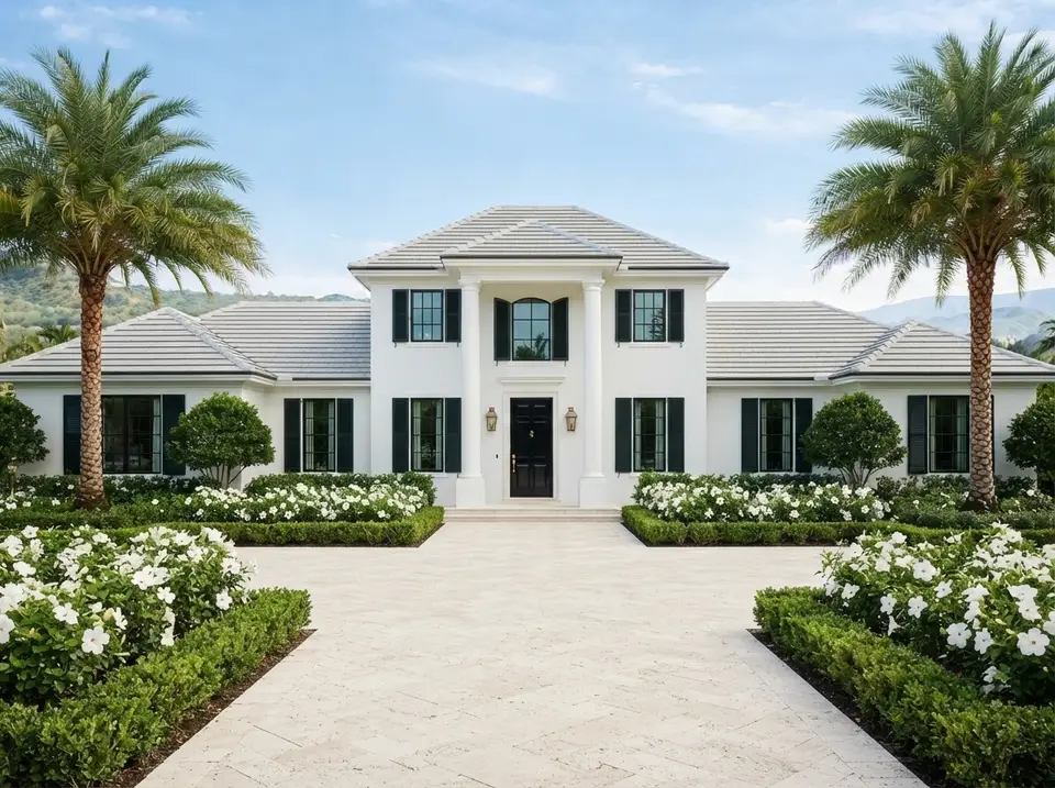 Coastal Palm Beach facade for plan 720181DA with white stucco, pale grey flat tile roof, dark green louvred shutters, black door with brass lanterns and king palms