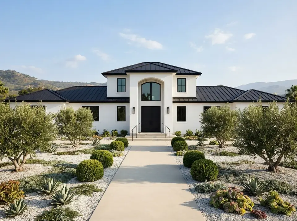 Black and white modern Mediterranean facade for plan 720181DA with white smooth stucco, matte black roof and windows, olive trees and white gravel