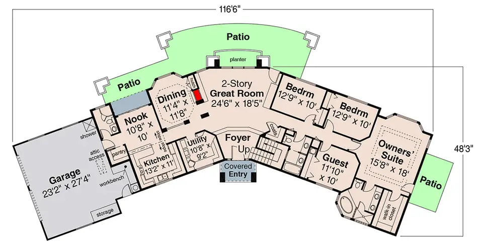 Main level floor plan of Mediterranean house plan 720181DA with curved footprint, two-story great room, octagonal dining room, primary suite and side-entry garage