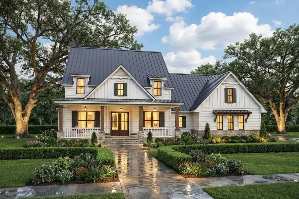 Country Craftsman facade of Plan 16919WG featuring mixed siding vertical board-and-batten and horizontal lap, stone veneer foundation wrap, timber porch columns on stone bases, multiple front gables and front veranda with metal accent roof