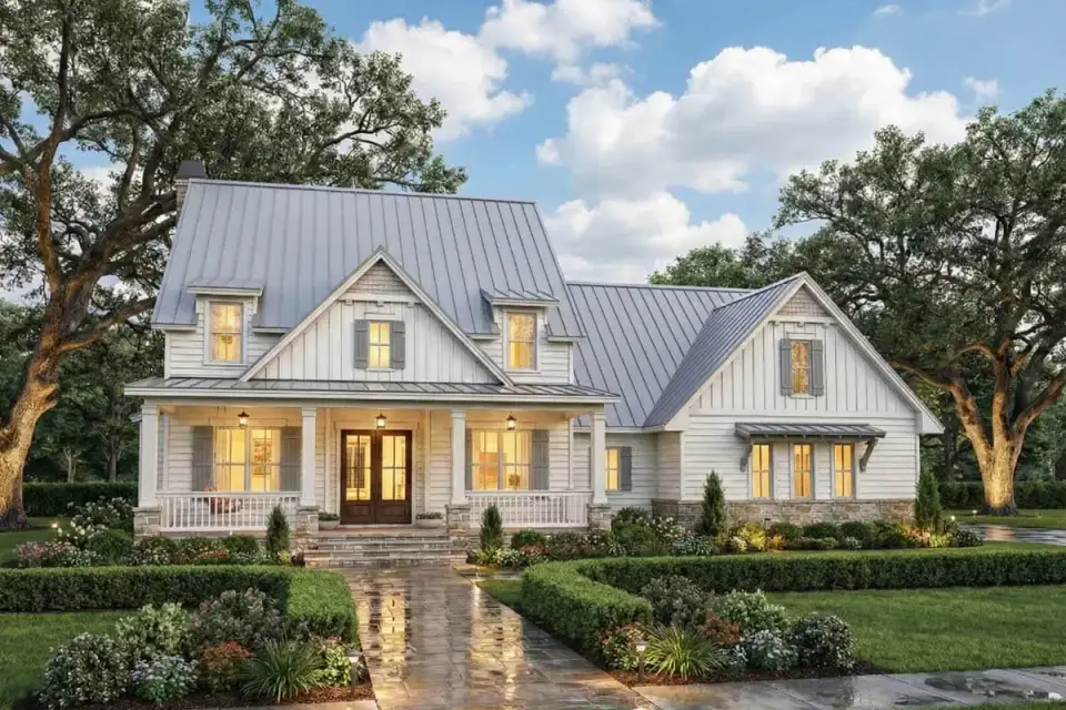 Alternate exterior elevation of Plan 16919WG showing side profile with gable returns stone veneer water table and metal dormer accent roofs over second floor windows