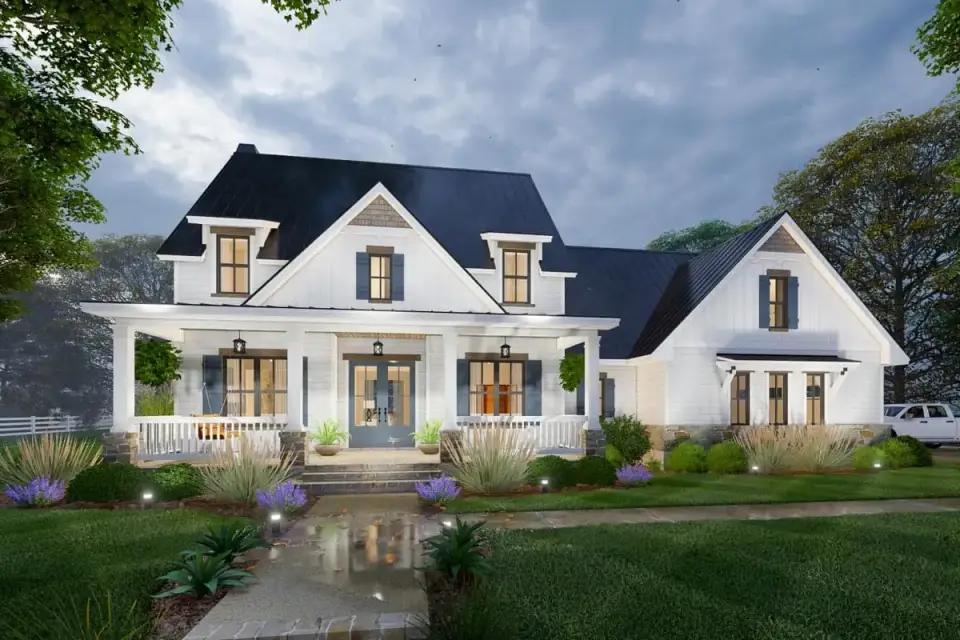 Side view of Plan 16919WG with side entry three car garage configuration suited to wider Lowcountry subdivision lots with reduced garage door street presence