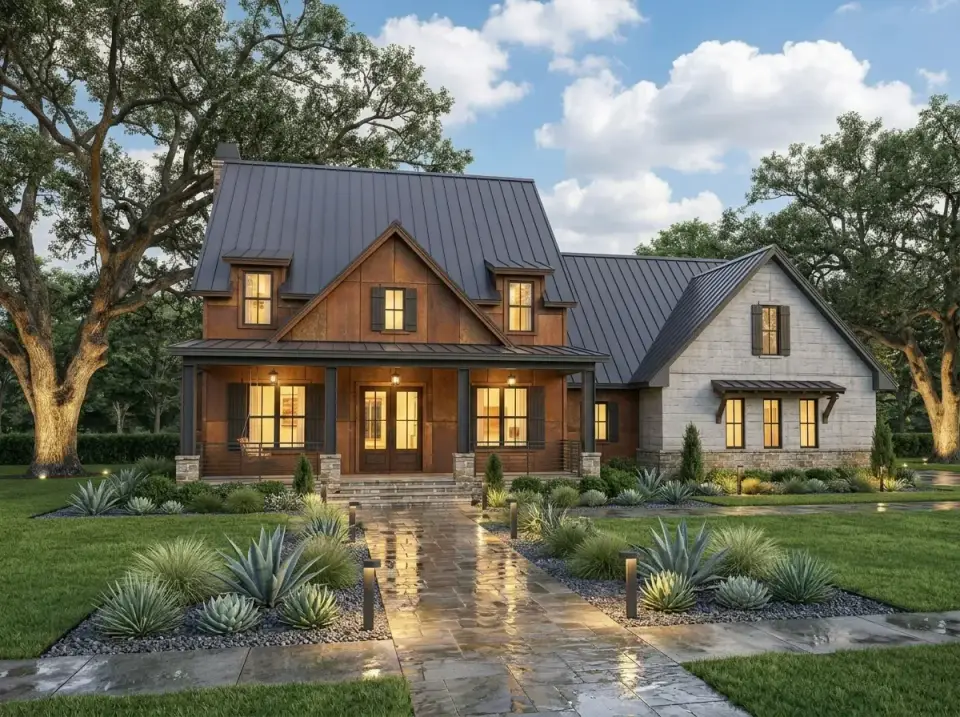 Mixed Material Industrial Rustic facade variation on Plan 16919WG with AEP Span Corbrella Corten weathered steel siding on central gable Stone Panels USA light grey GFRC on garage wing dark metal standing seam roof Parry agave architectural plantings river cobble stones and wet flagstone pathway