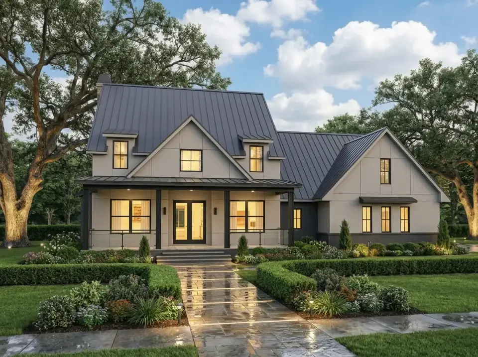 Modern Transitional Grey facade variation on Plan 16919WG with James Hardie Artisan V-Rustic siding in Ashwood Grey BM Iron Mountain 2134-30 dark charcoal timber columns and fascia Englert metal roof in matte charcoal boxwood hedges pruned Winter Gem variety ornamental Miscanthus grass and Pennsylvania bluestone pathway