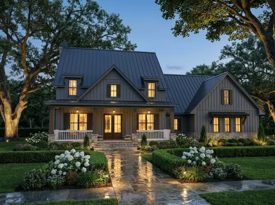 Classic Dark Grey Board and Batten facade variation on Plan 16919WG featuring James Hardie Aspyre board-and-batten siding in BM Kendall Charcoal HC-166 crisp BM Chantilly Lace OC-65 white trim natural cedar timber porch columns Eldorado stone foundation abundant Annabelle hydrangeas white crape myrtles and flagstone walkway