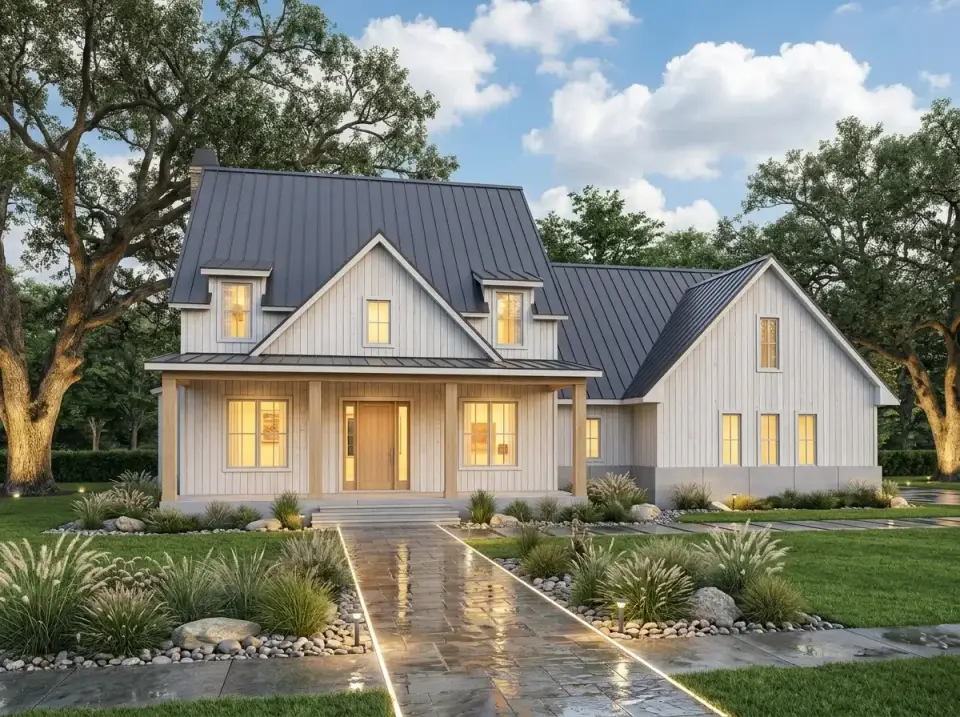 Scandinavian Modern Farmhouse facade variation on Plan 16919WG with Hardie Artisan V-Rustic siding in BM Chantilly Lace OC-65 vertical orientation natural Thermory ash pine timber columns matching front door Englert dark grey standing seam roof Miscanthus ornamental grasses polished river rocks and wet-set flagstone path with integrated LED strip lighting