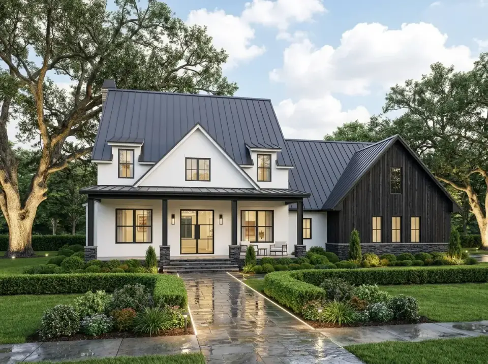 High-Contrast Modern Black and White facade variation on Plan 16919WG with BM Chantilly Lace OC-65 main body BM Onyx 2133-10 garage wing black Marvin Modern window frames Englert 1300 matte black metal roof Winter Gem boxwood hedges Annabelle hydrangeas purple Russian sage and wet-set Pennsylvania bluestone path