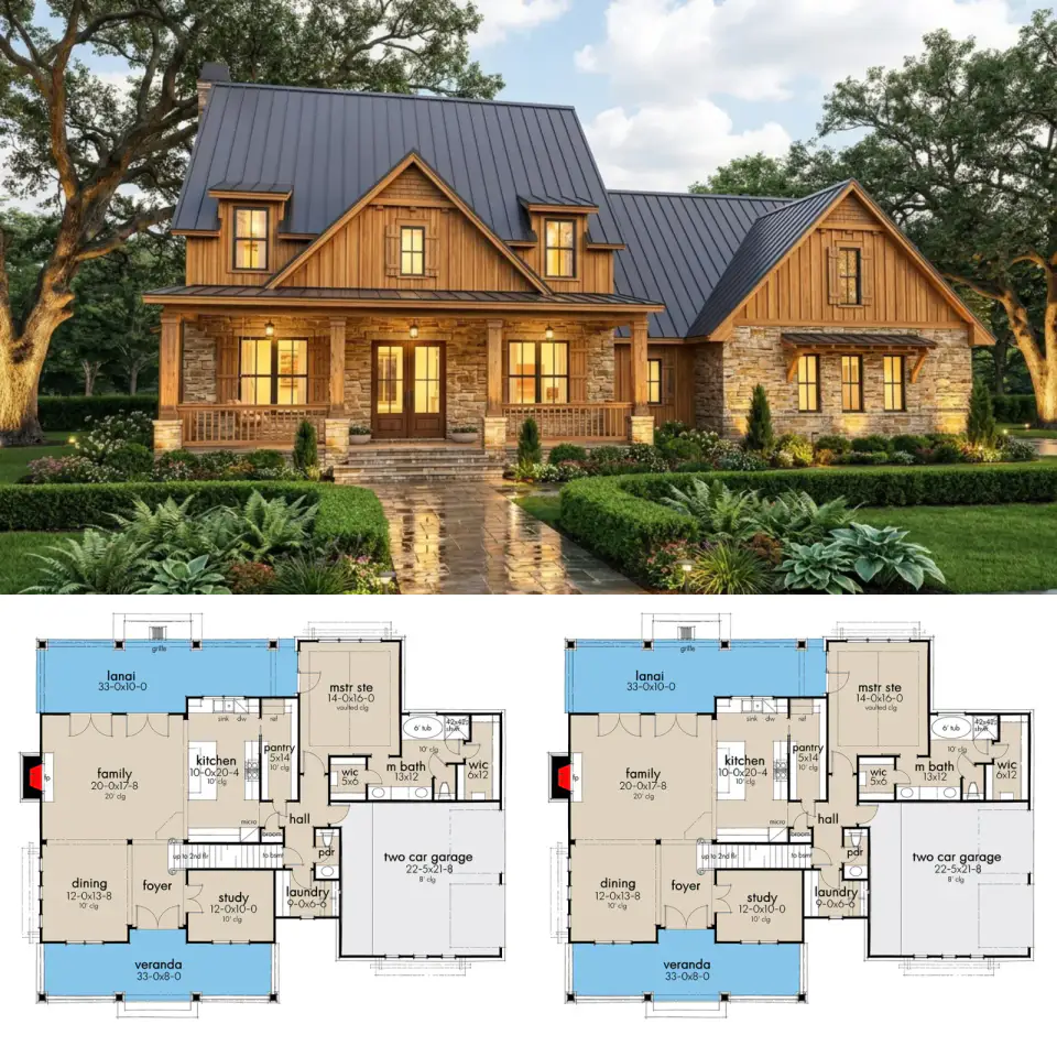 Country Craftsman Home Plan with Two-Story Great Room