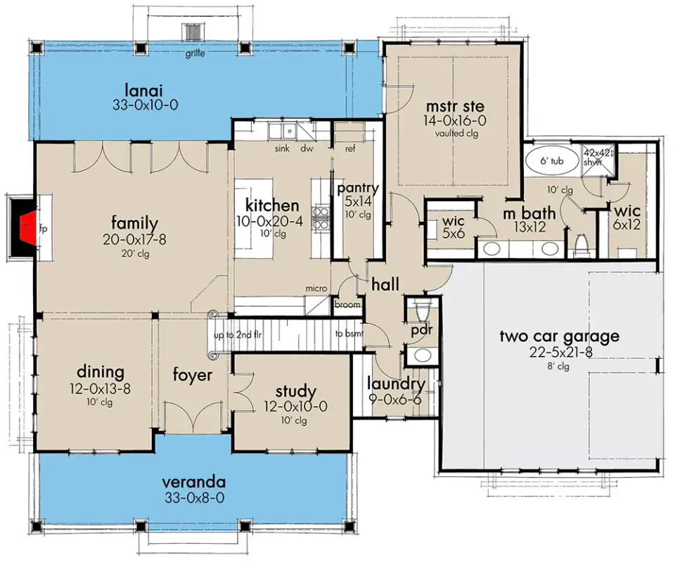 Main level floor plan of Plan 16919WG showing central two-story family room, private first-floor primary suite behind garage, pass-through pantry linking kitchen to mudroom hallway, formal dining room and private study flanking foyer, kitchen with island and covered rear lanai