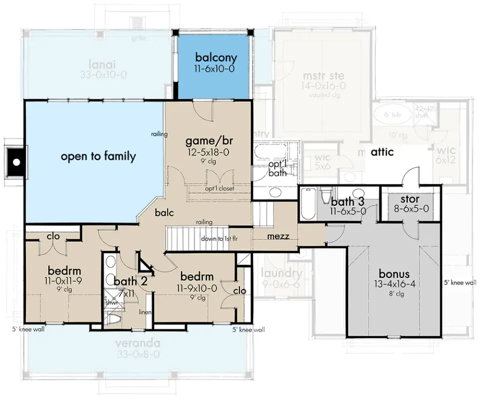 Second floor plan of Plan 16919WG showing lofted game room overlooking two-story family room, balcony, two secondary bedrooms sharing compartmentalized Jack and Jill bathroom, and unfinished bonus room over garage