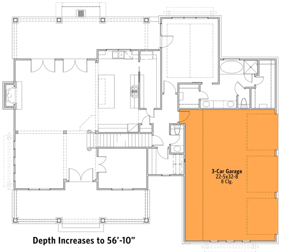 Three car side entry garage option for Plan 16919WG designed for wider lots with reduced curb presence of garage doors