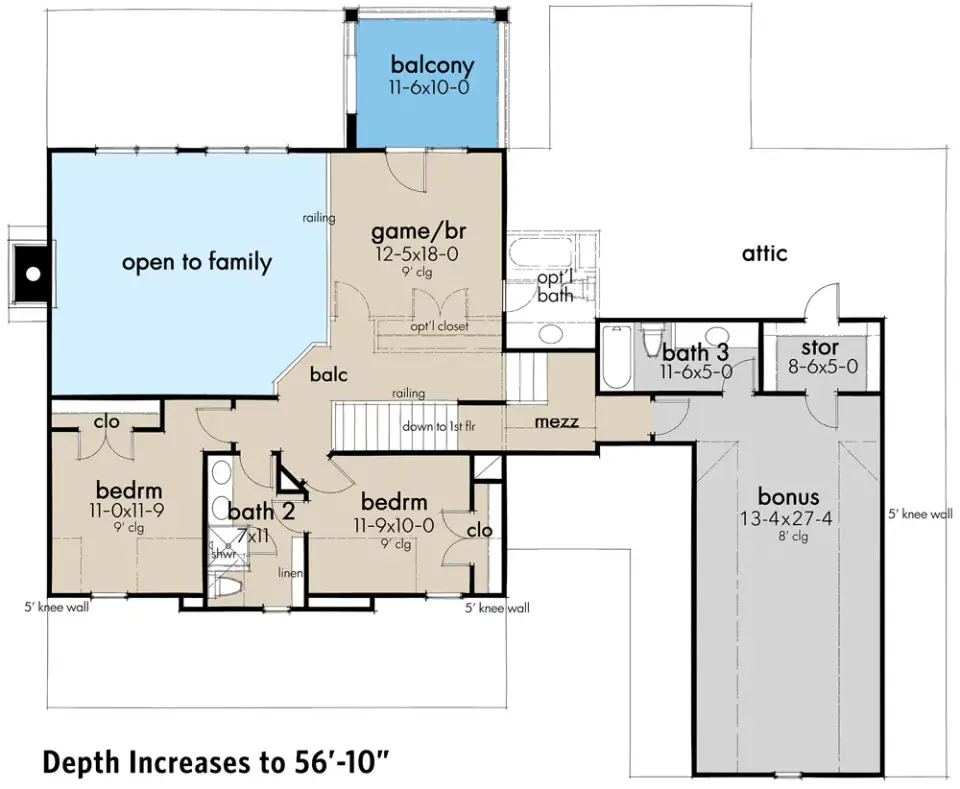 Expanded second floor with larger bonus room above three car side entry garage in Plan 16919WG providing additional upstairs finishable square footage