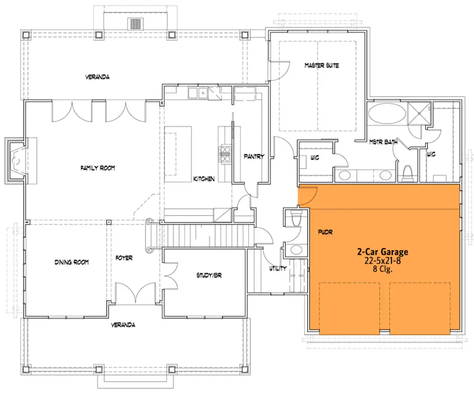 Two car front entry garage option for Plan 16919WG suited to narrower lots in infill neighborhoods