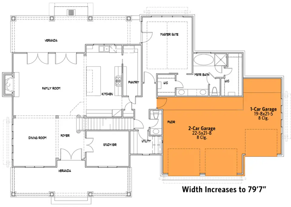 Three car front entry garage option for Plan 16919WG providing additional vehicle bay or shop storage on standard width lots
