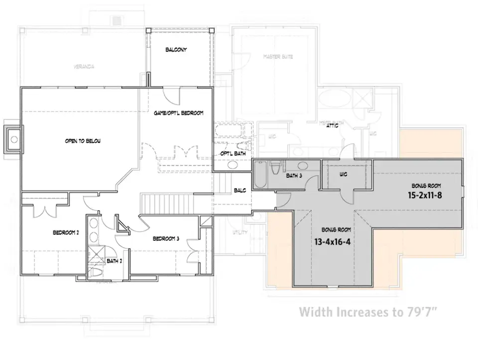 Expanded second floor with larger bonus room above three car front entry garage in Plan 16919WG showing total upstairs expansion potential