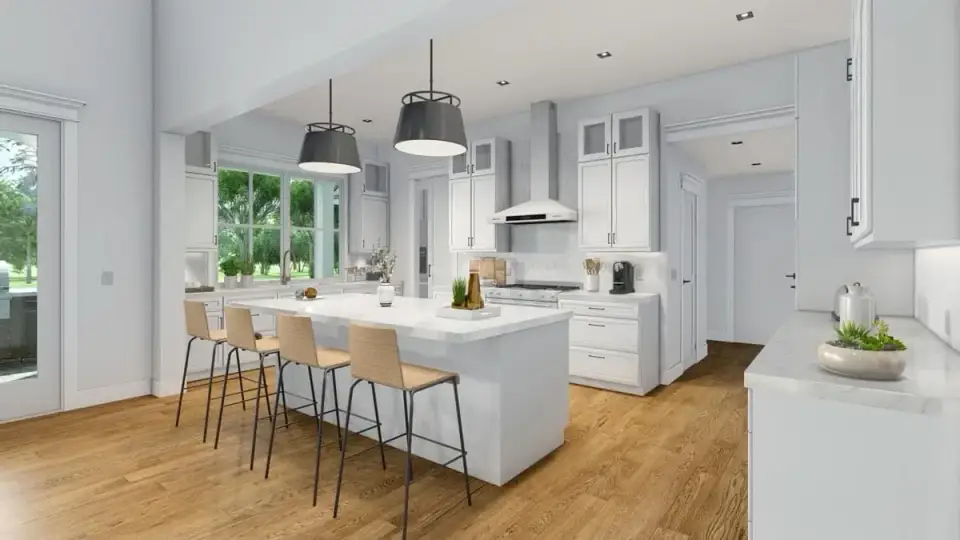 Primary bedroom suite in Plan 16919WG with 11 foot vaulted ceiling shiplap accent wall upholstered linen bed frame Visual Comfort swing arm sconces and tall casement windows