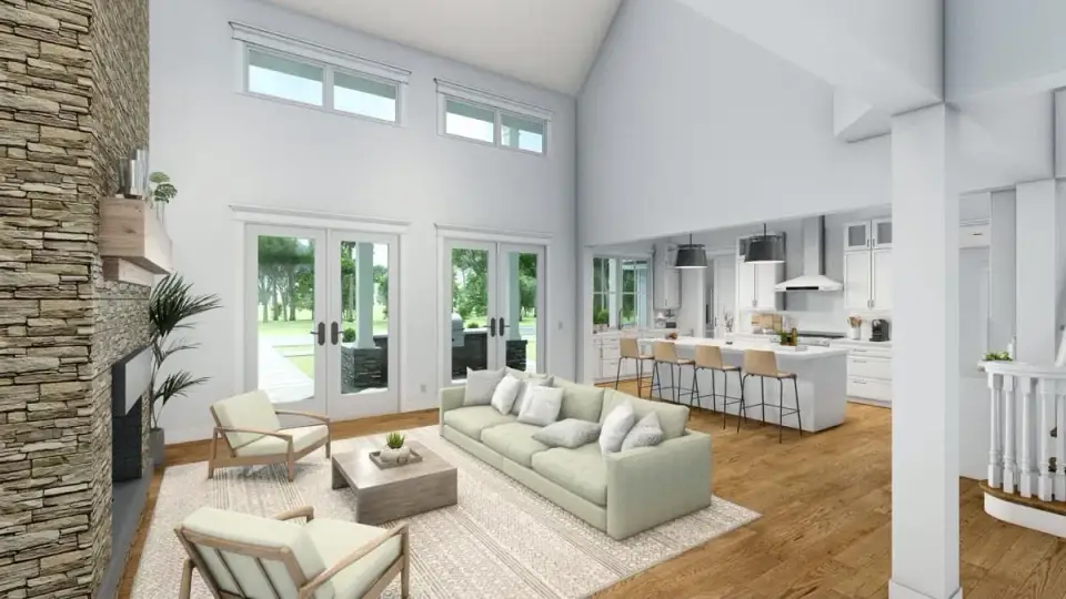Secondary bedroom in Plan 16919WG styled for teenager with navy BM Hale Navy HC-154 walls white Pottery Barn Kids Elliott bed frame and built-in desk nook under dormer window