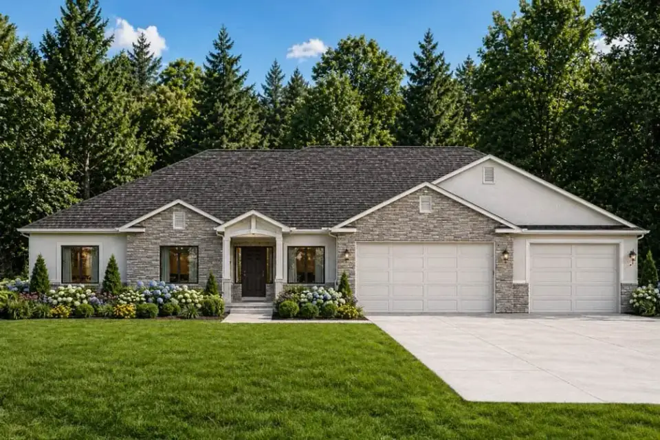 Craftsman ranch front elevation with stone, siding, and covered porch