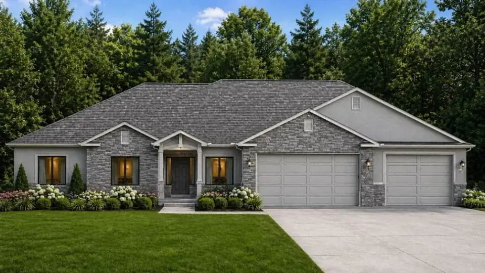 Plan 849082PGE Craftsman ranch exterior angled view with three-car garage