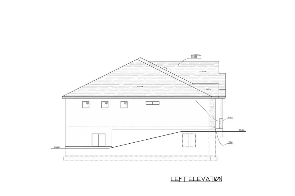 Craftsman ranch side elevation showing grade and basement access