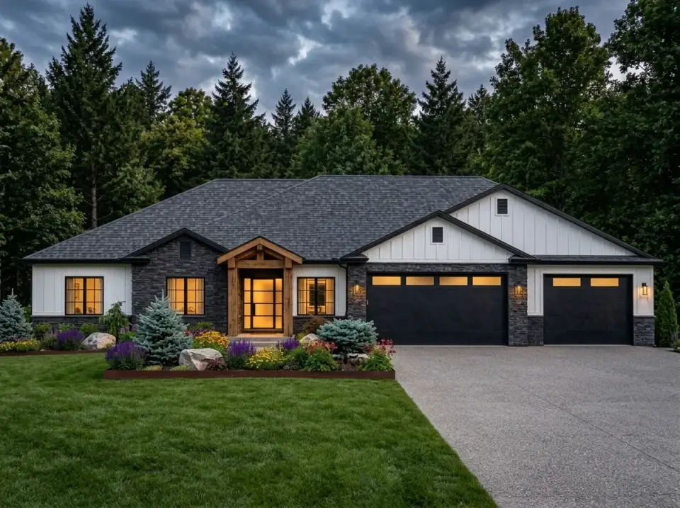Mountain modern Craftsman facade with dark stacked stone and board-and-batten
